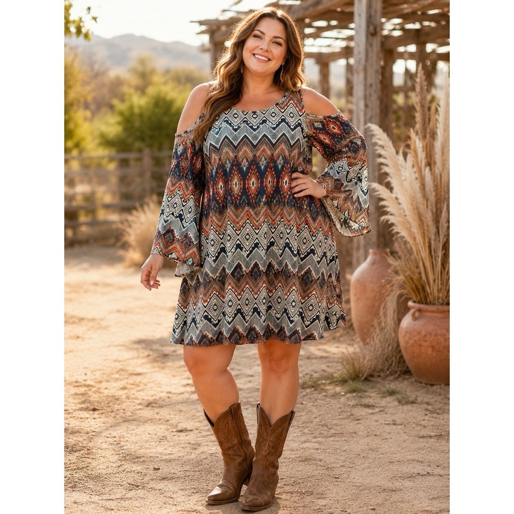 VTG R&K 20W Cold Shoulder Dress Boho Bell Sleeve Geometric Print Plus Size UU18